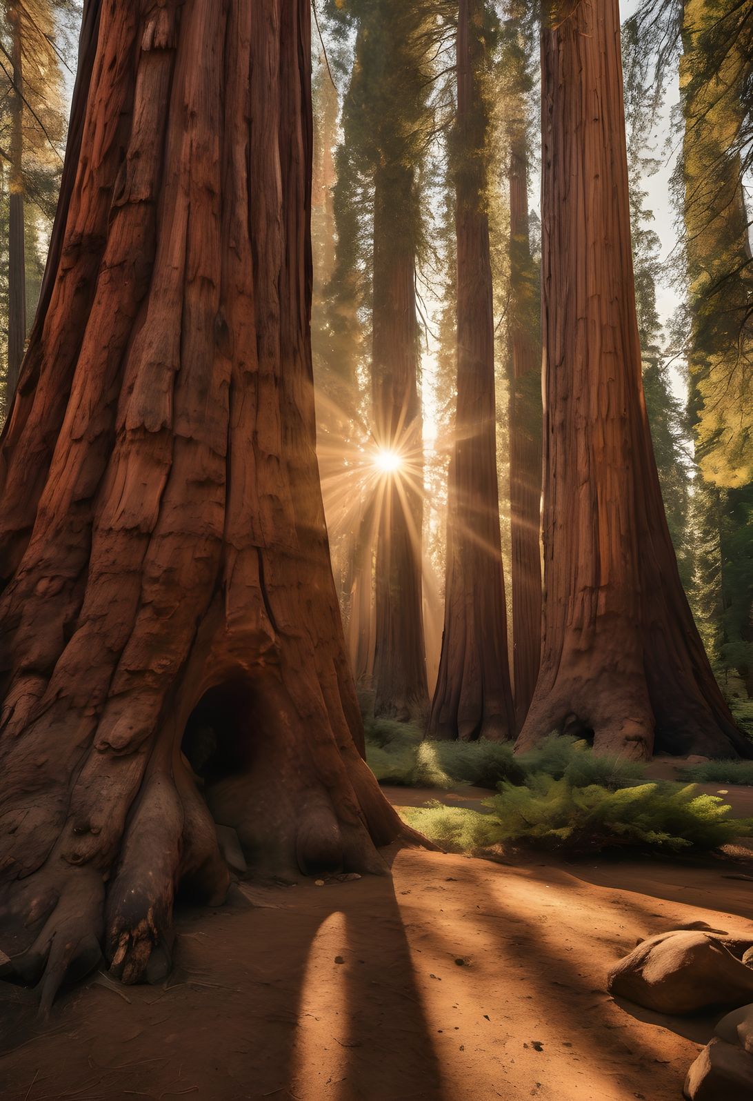 Sunbeams piercing an ancient sequoia grove at golden hour