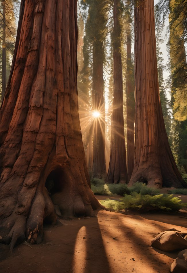 Sunbeams piercing an ancient sequoia grove at golden hour