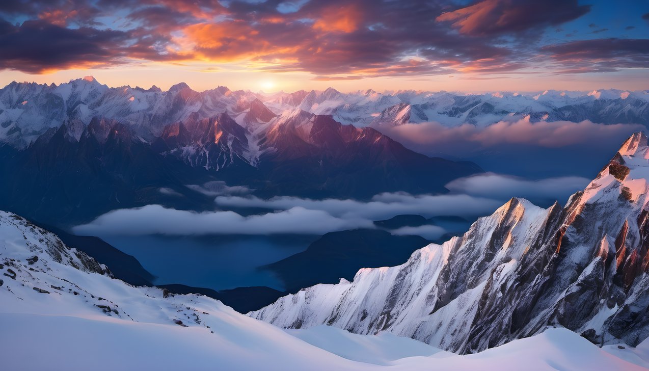 Snow covered mountains under a deep blue dusk with alpenglow on the peaks