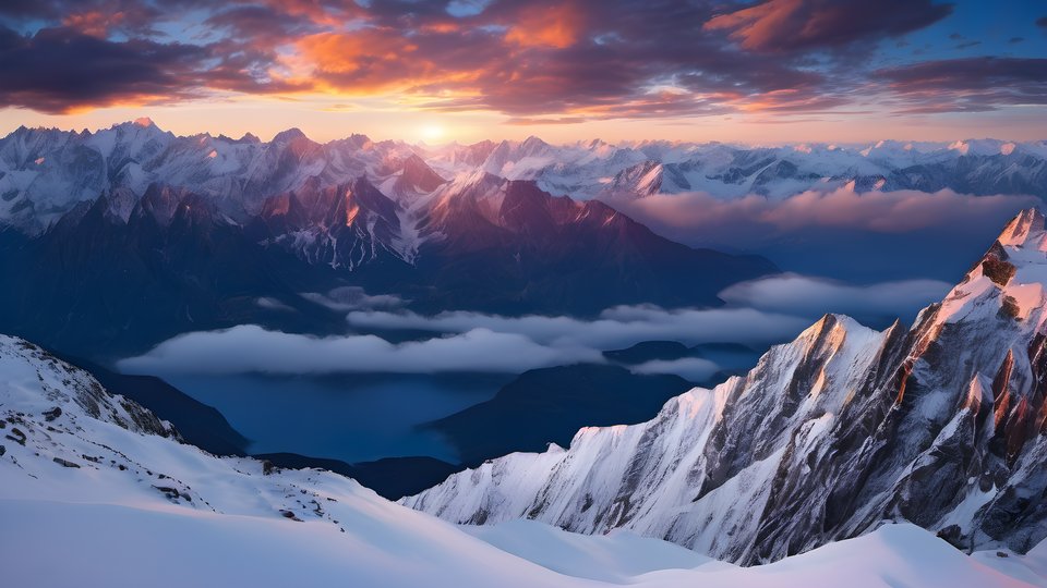 Snow covered mountains under a deep blue dusk with alpenglow on the peaks