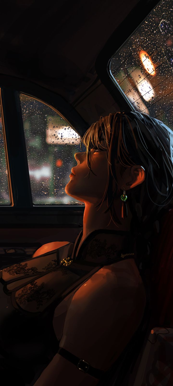 An anime-style woman sits in a car at night, gazing out a rain-streaked window at blurred neon city lights.