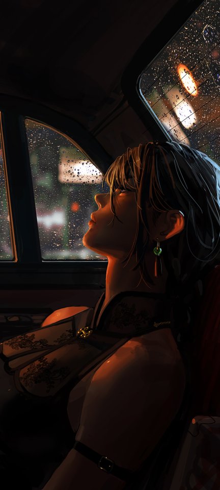 An anime-style woman sits in a car at night, gazing out a rain-streaked window at blurred neon city lights.