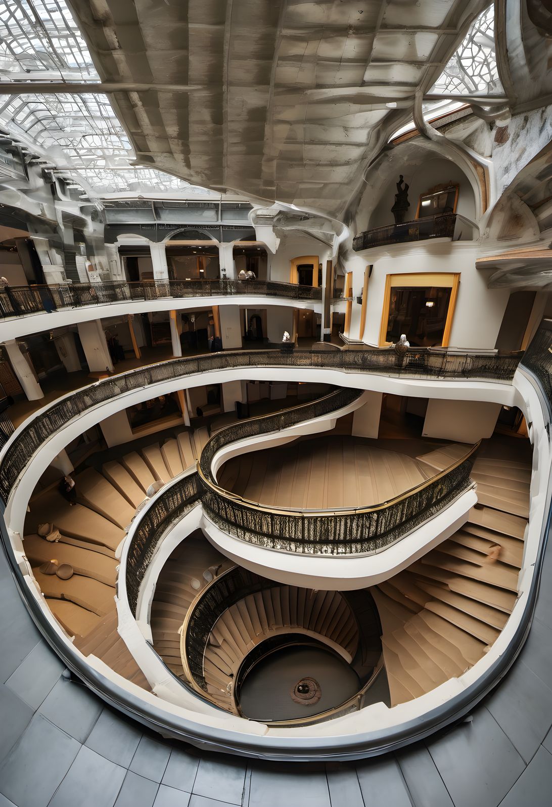 A museum atrium spiraling inward seen from above