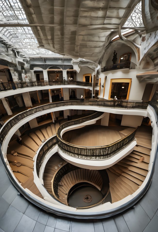 A museum atrium spiraling inward seen from above