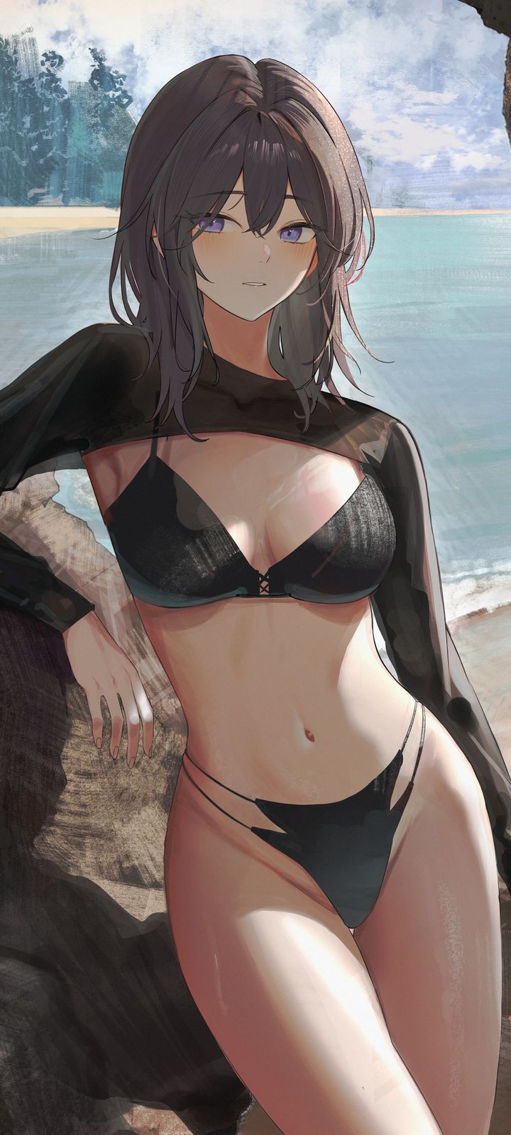 An anime girl with purple eyes and dark hair in a black bikini and sheer cover-up poses on a beach.