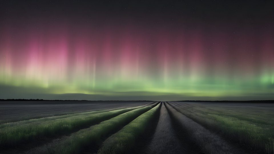 Aurora like gradient bands over a dark field in soft diffused light