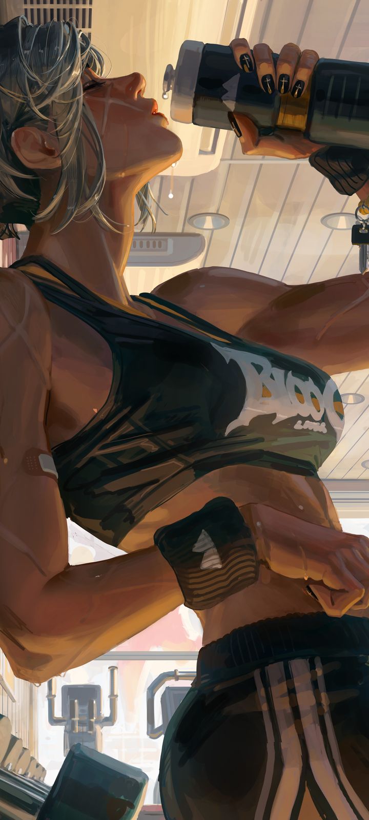 Digital painting of a muscular silver-haired woman drinking water at a gym after a workout.