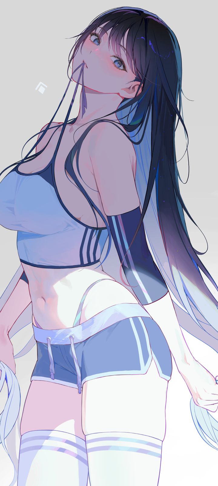 Anime illustration of a long black-haired girl in a blue athletic outfit looking over her shoulder.