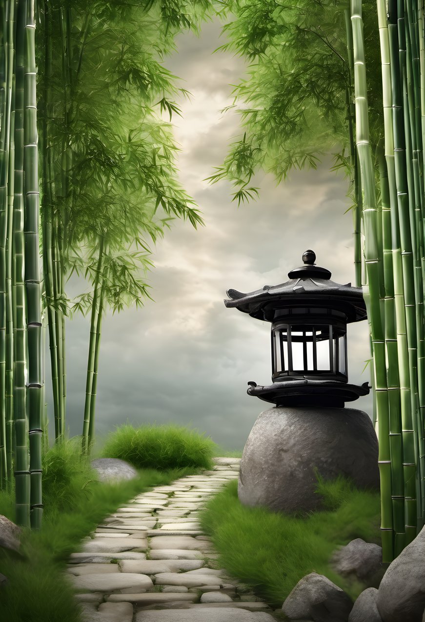 A stone lantern path winding through a bamboo grove under dramatic clouds