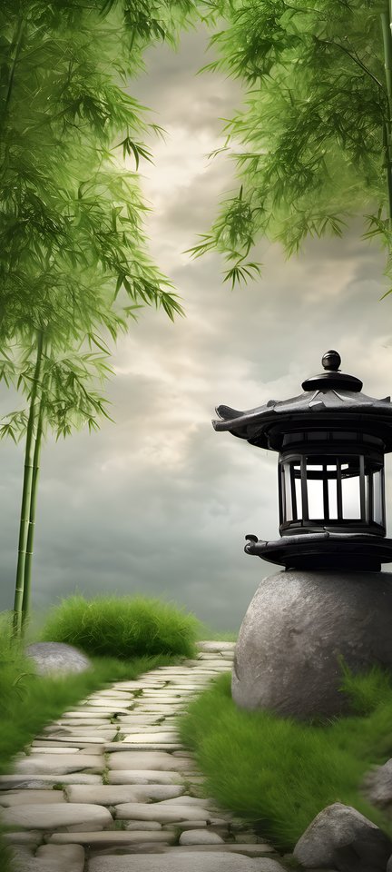 A stone lantern path winding through a bamboo grove under dramatic clouds