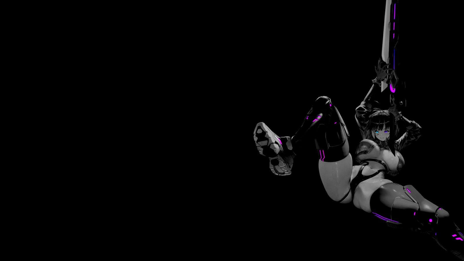 A cybernetic anime girl with glowing purple accents swings through darkness holding a large blade.