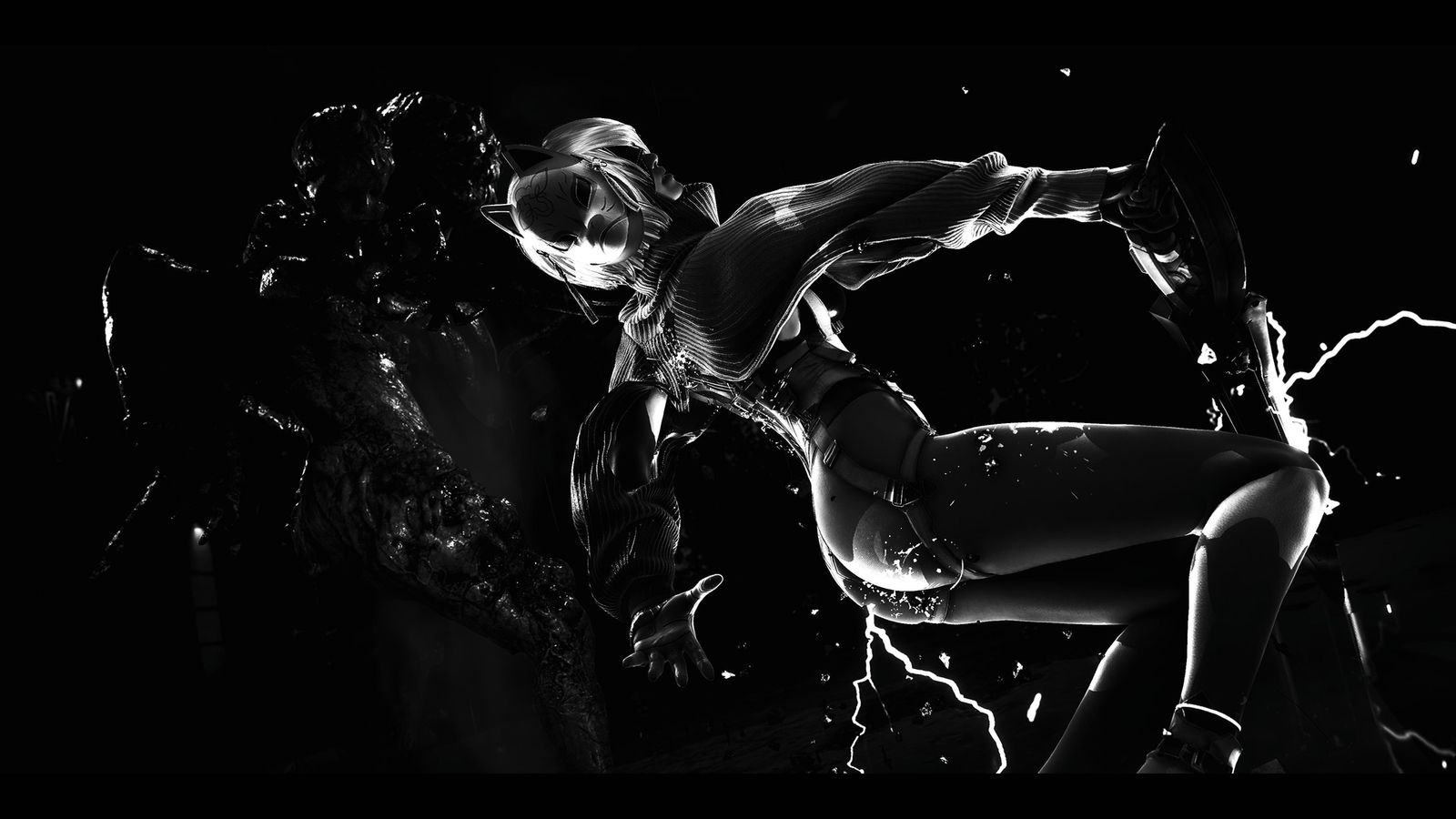 A monochrome action scene of a cat-suited woman leaping through darkness as electricity crackles around her.