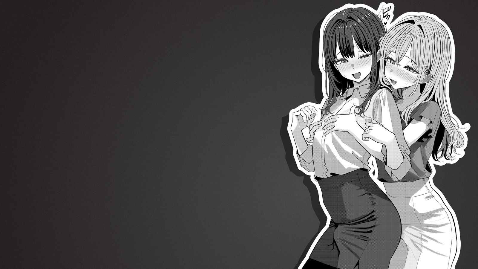 Black and white anime illustration of two blushing women embracing playfully against a dark background.
