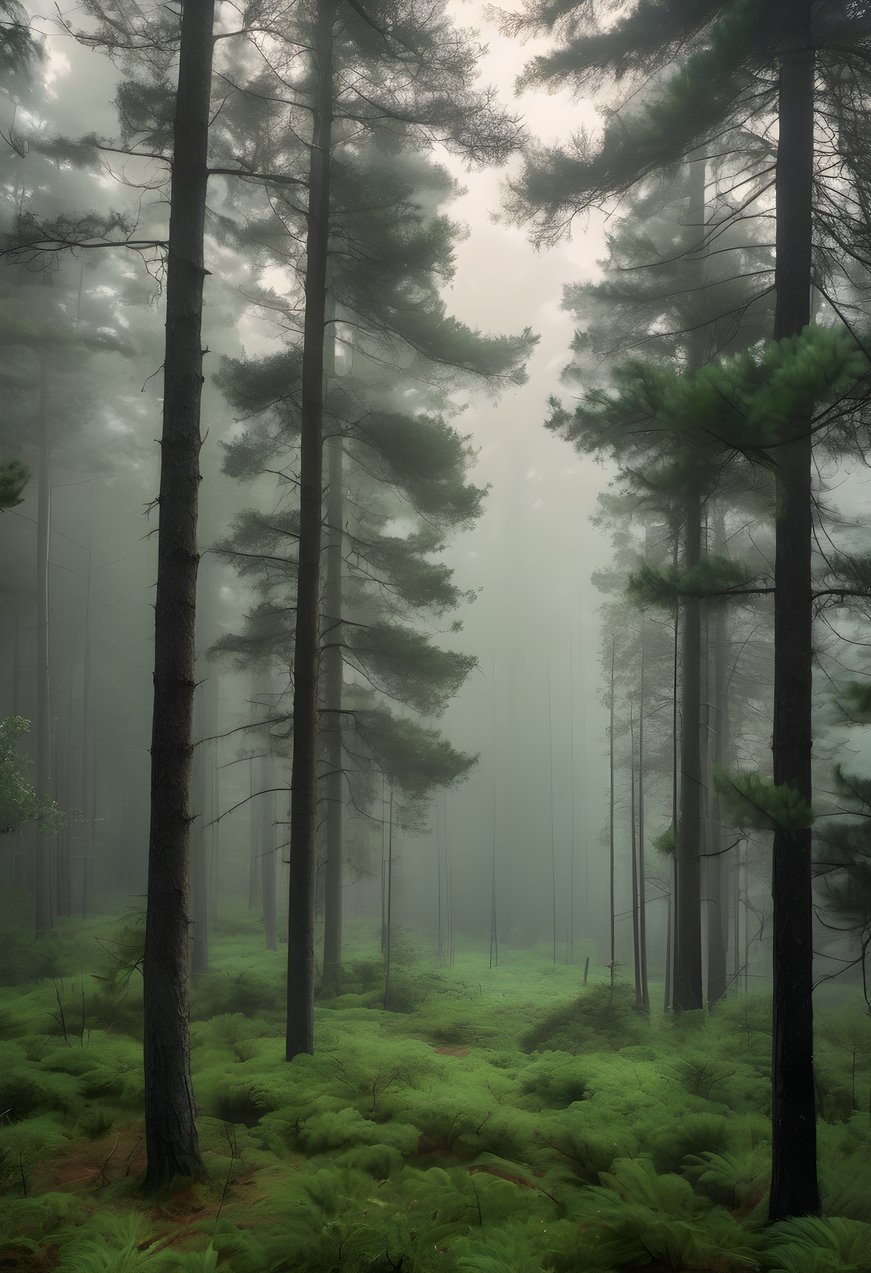 Morning fog drifting between tall pine trees in a layered green forest