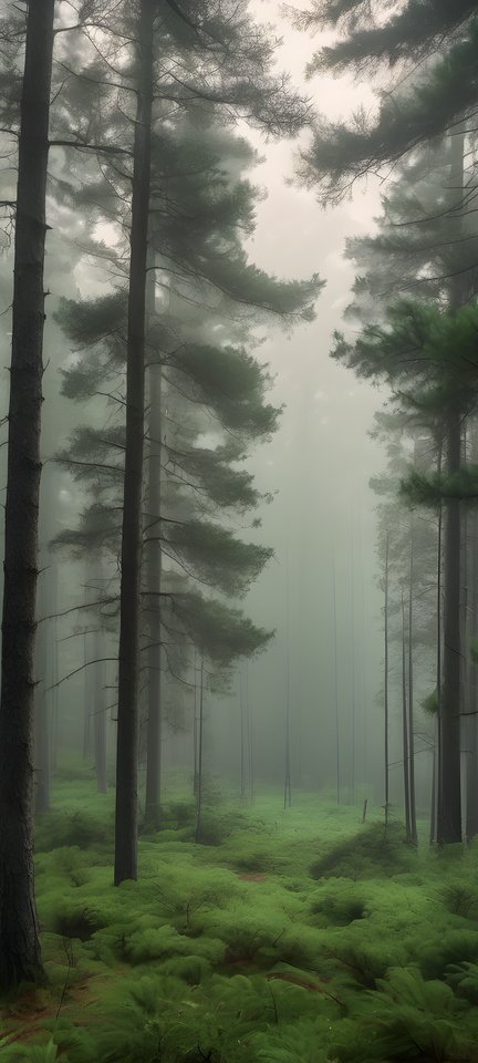 Morning fog drifting between tall pine trees in a layered green forest
