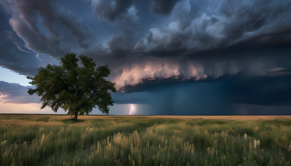 A thunderstorm rolling across the prairie at blue hour under dramatic clouds