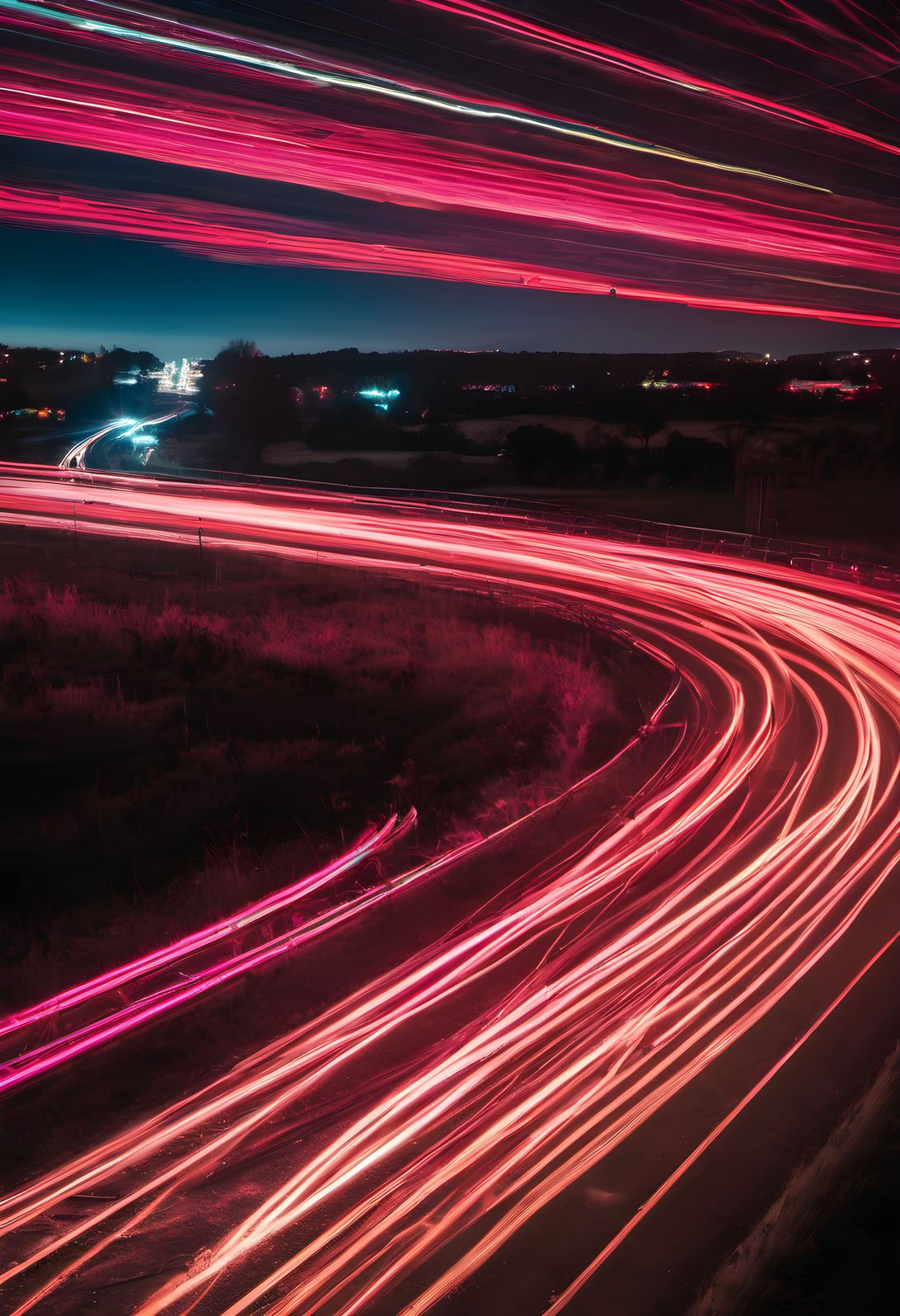 Long exposure neon trails crossing a dark frame in soft diffused light