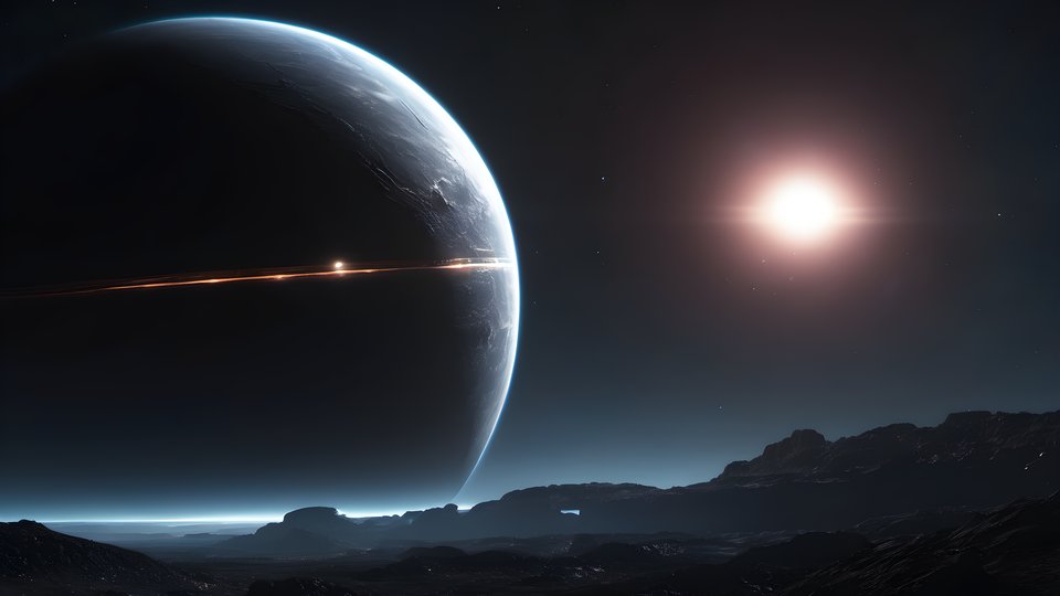 A dark planet with a thin glowing ring in cinematic scale