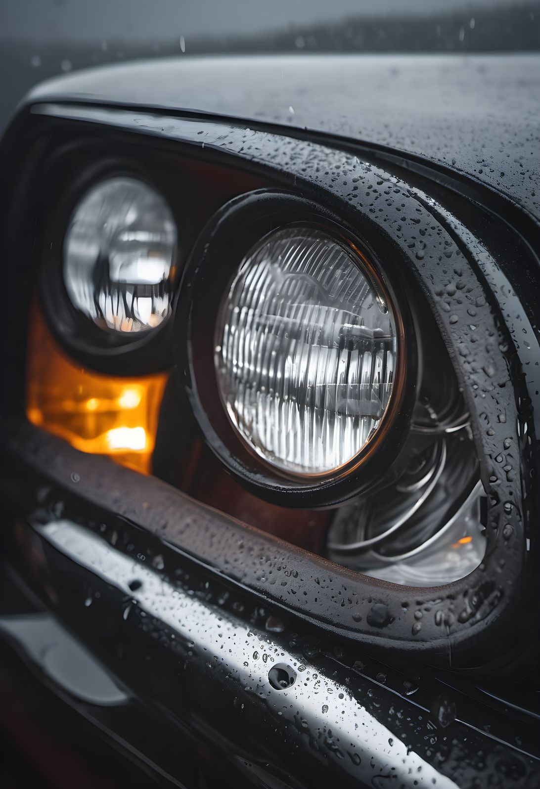 A headlight cutting through fog in macro in the rain