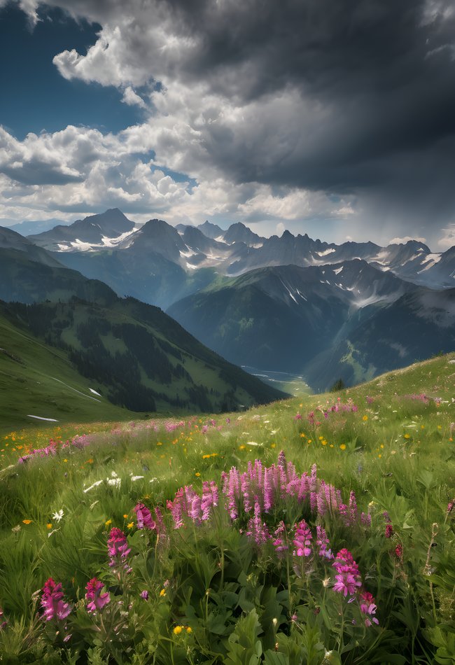 Wildflowers scattered across an alpine meadow beneath peaks under dramatic clouds