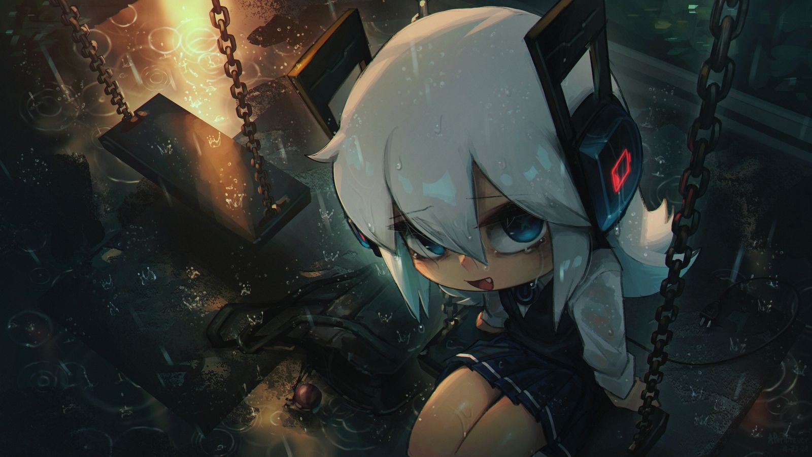 A chibi-style anime girl with white hair and headphones sits on a swing in the rain at night.