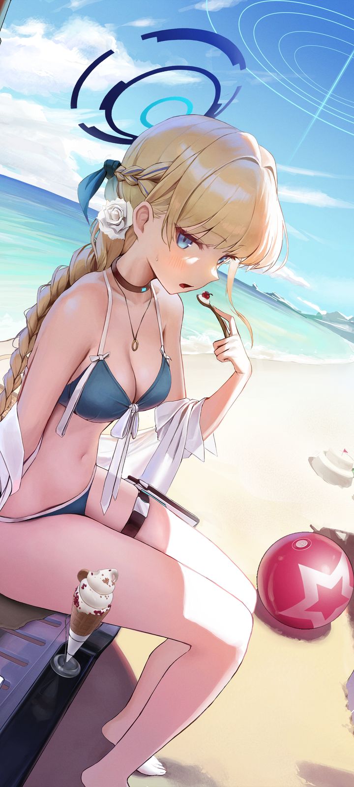 An anime girl with long blonde braided hair in a blue bikini eats ice cream on a sunny beach.