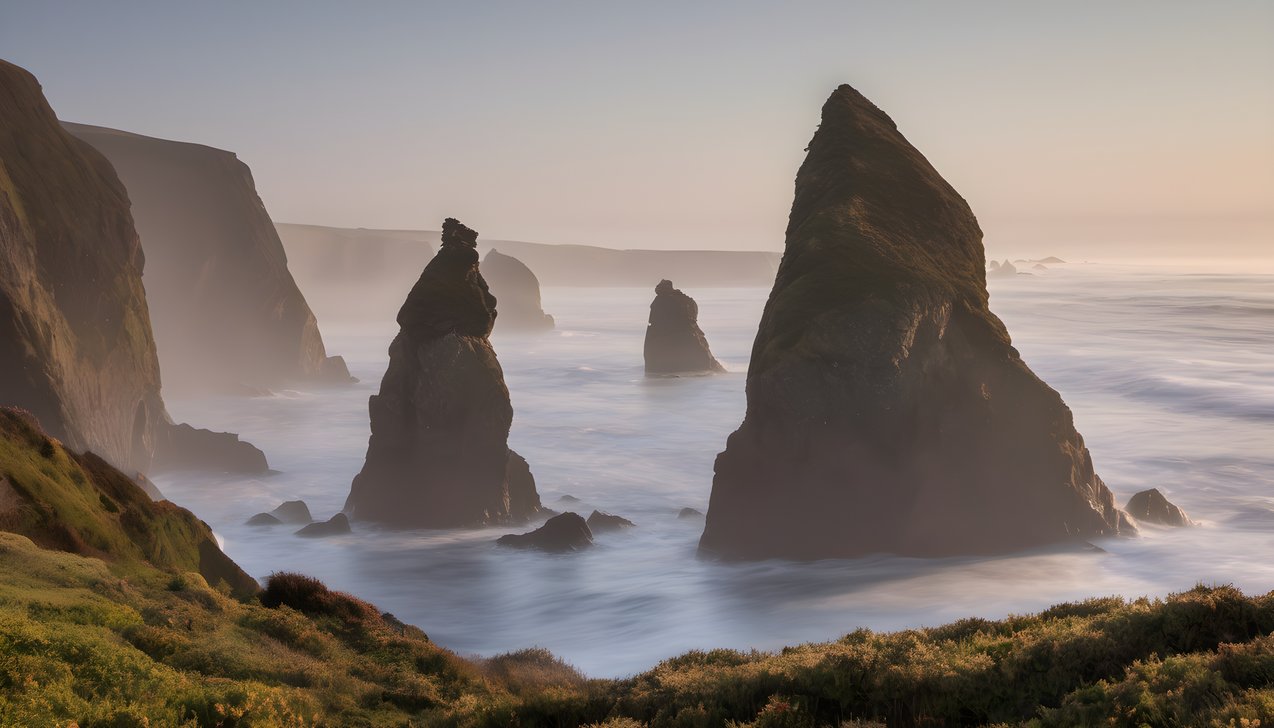 Sea stacks rising from the ocean in morning fog at golden hour