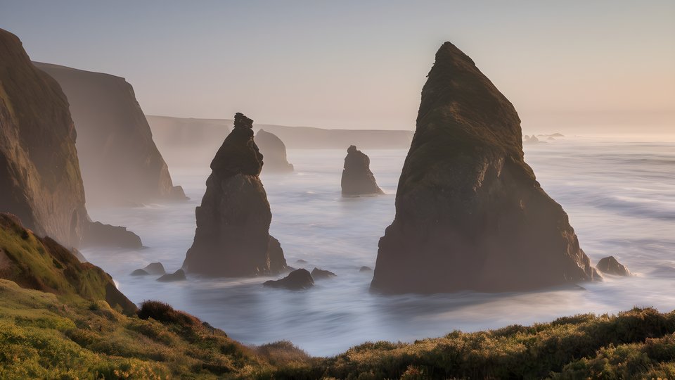Sea stacks rising from the ocean in morning fog at golden hour