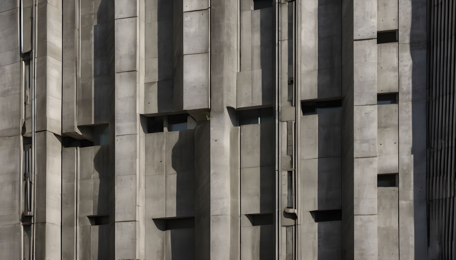 A brutalist concrete facade in hard light in dramatic side light