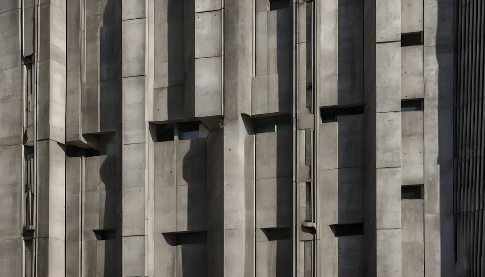 A brutalist concrete facade in hard light in dramatic side light