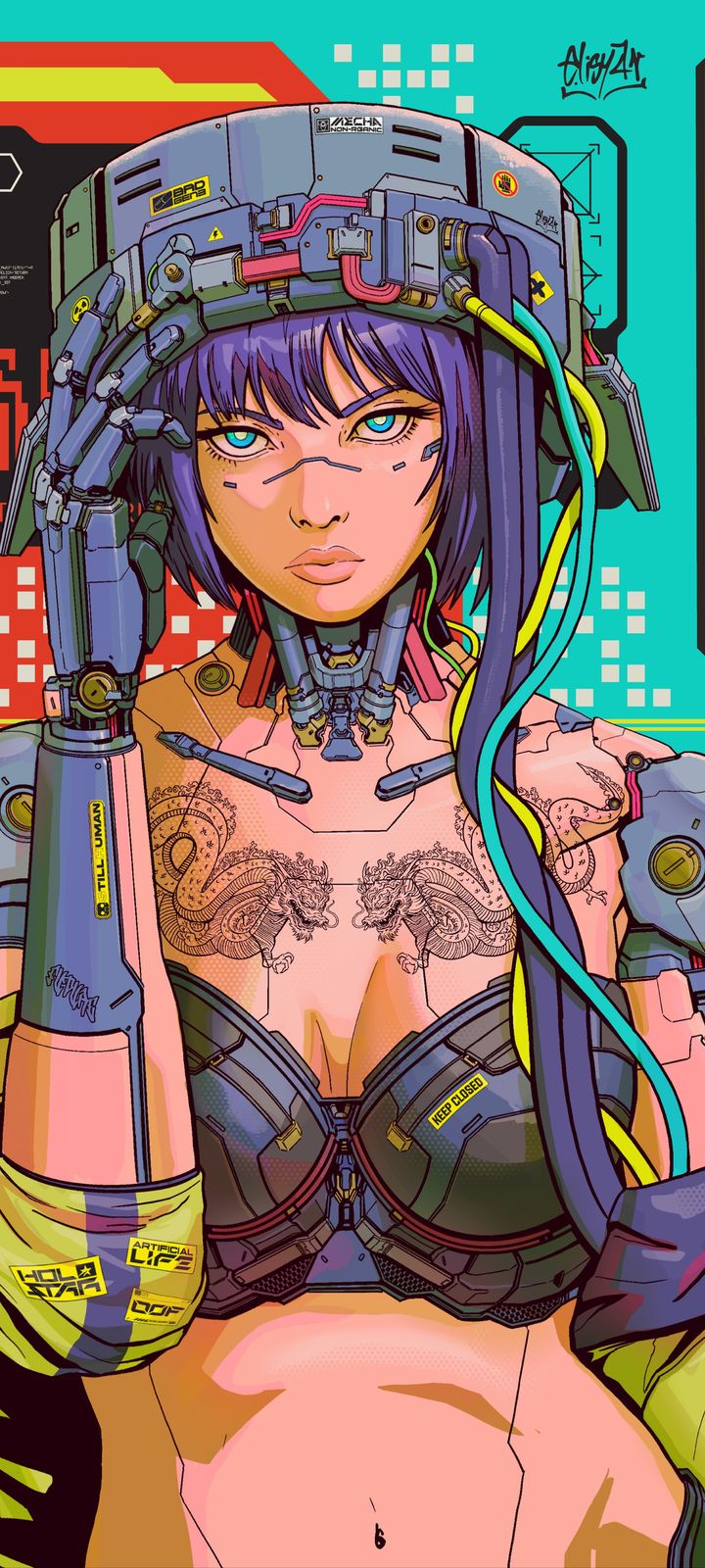 Cyberpunk anime girl with purple hair and mechanical arms wearing a large cybernetic headset.