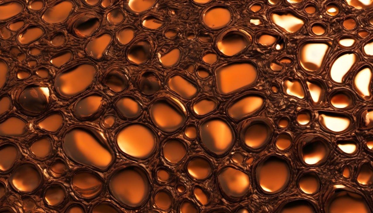 A molten metal surface glowing in orange with high contrast