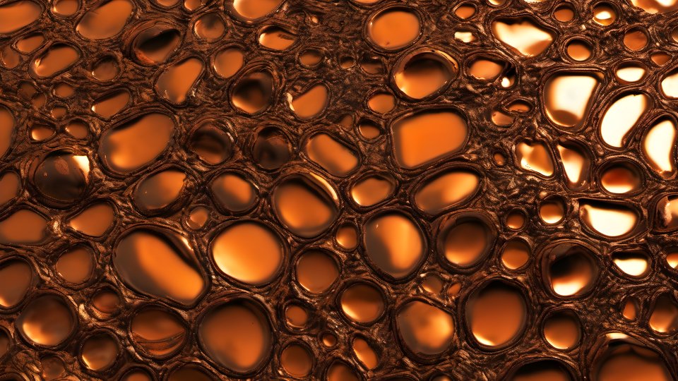 A molten metal surface glowing in orange with high contrast