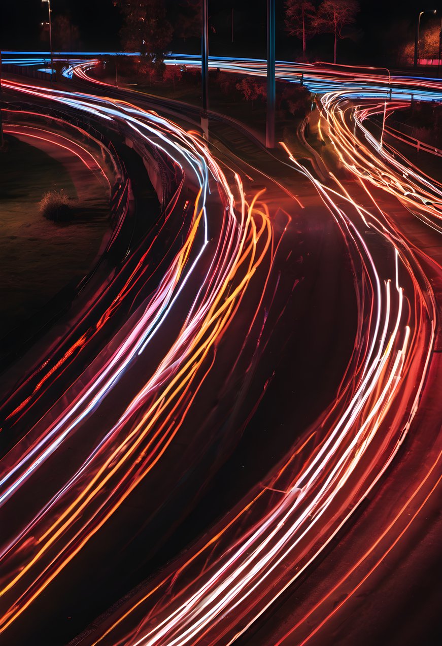 Long exposure neon trails crossing a dark frame