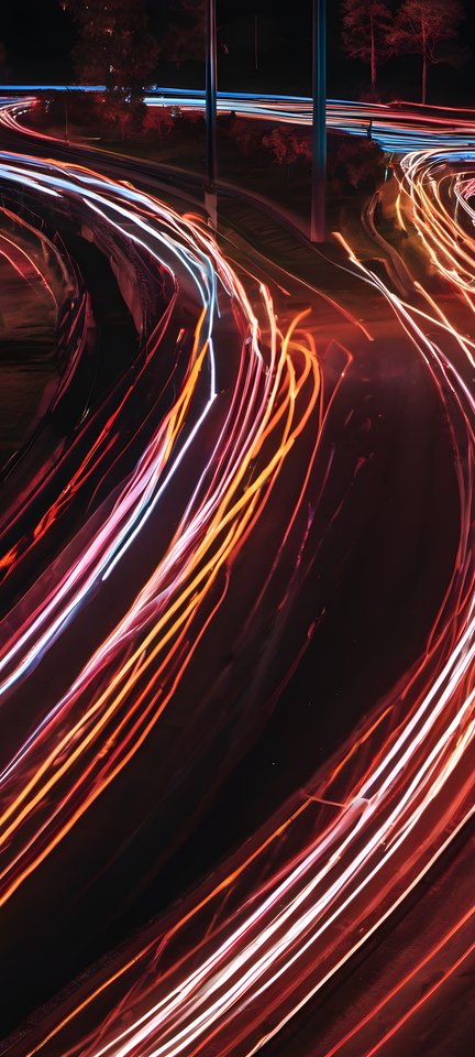 Long exposure neon trails crossing a dark frame