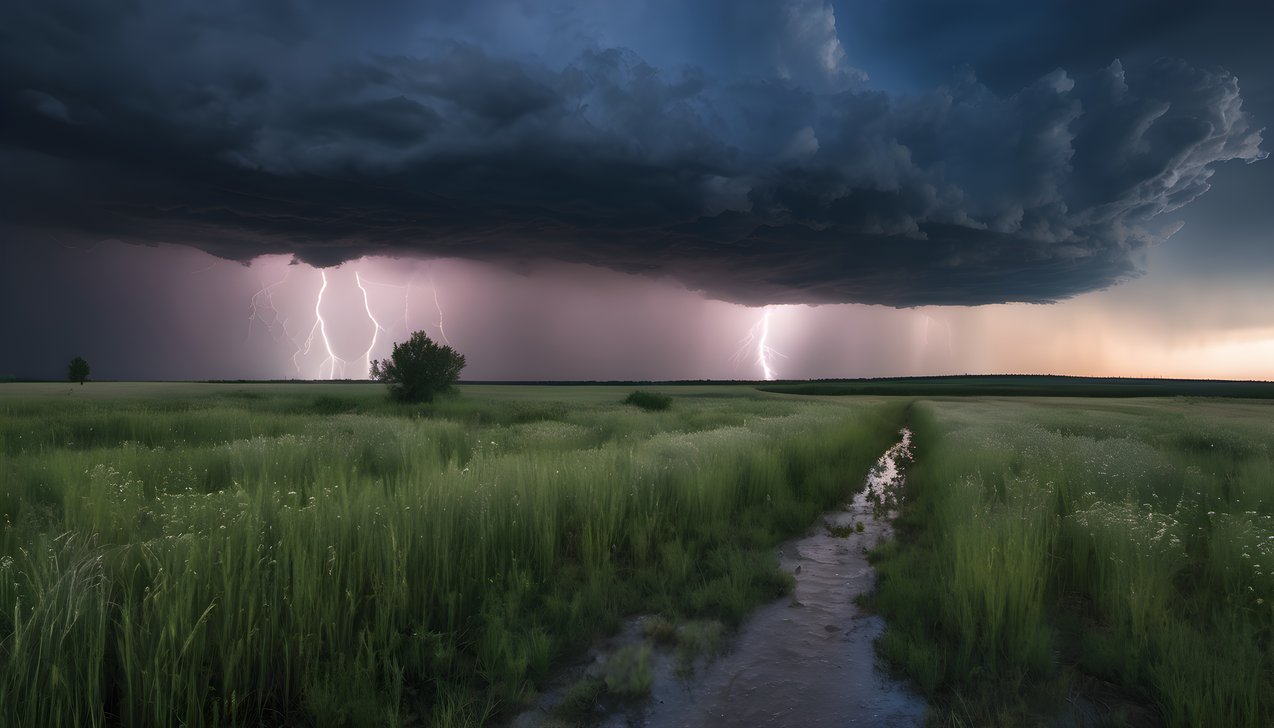 A thunderstorm rolling across the prairie at blue hour after rain