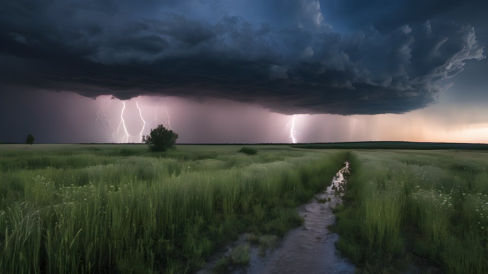 A thunderstorm rolling across the prairie at blue hour after rain