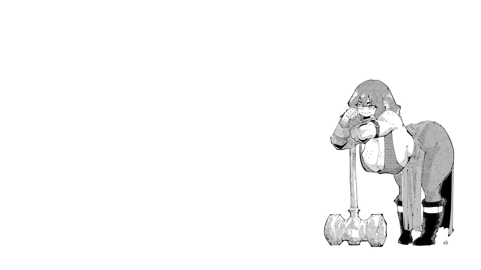 Monochrome anime sketch of a curvy woman in a tank top leaning on a large hammer against a white background.