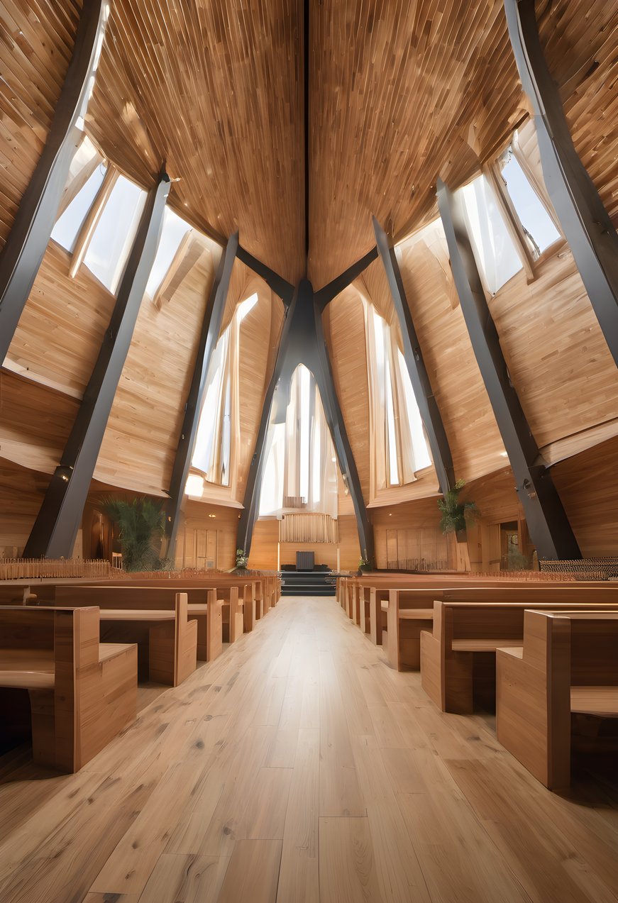 A modern cathedral interior built in warm timber
