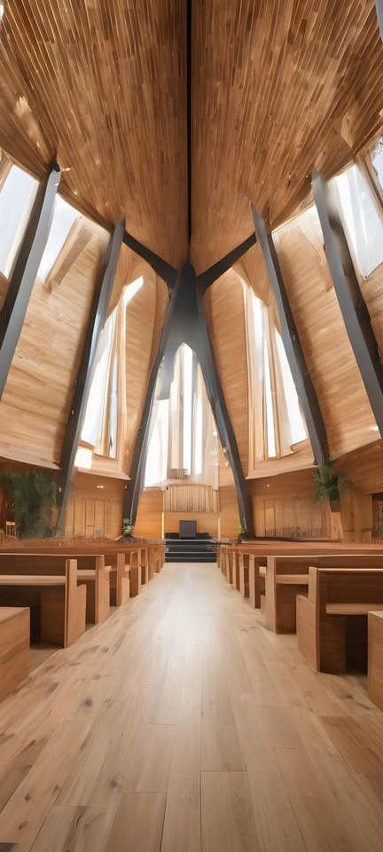 A modern cathedral interior built in warm timber