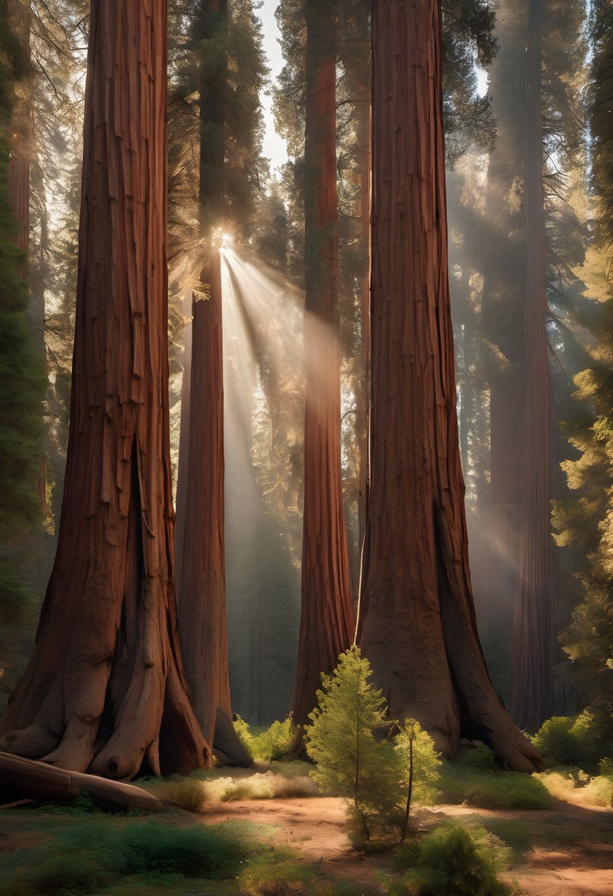 Sunbeams piercing an ancient sequoia grove in soft morning light