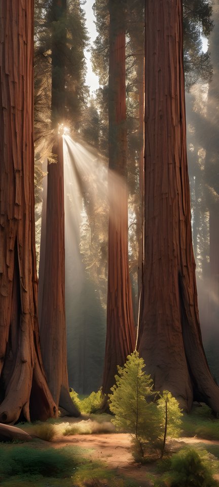 Sunbeams piercing an ancient sequoia grove in soft morning light