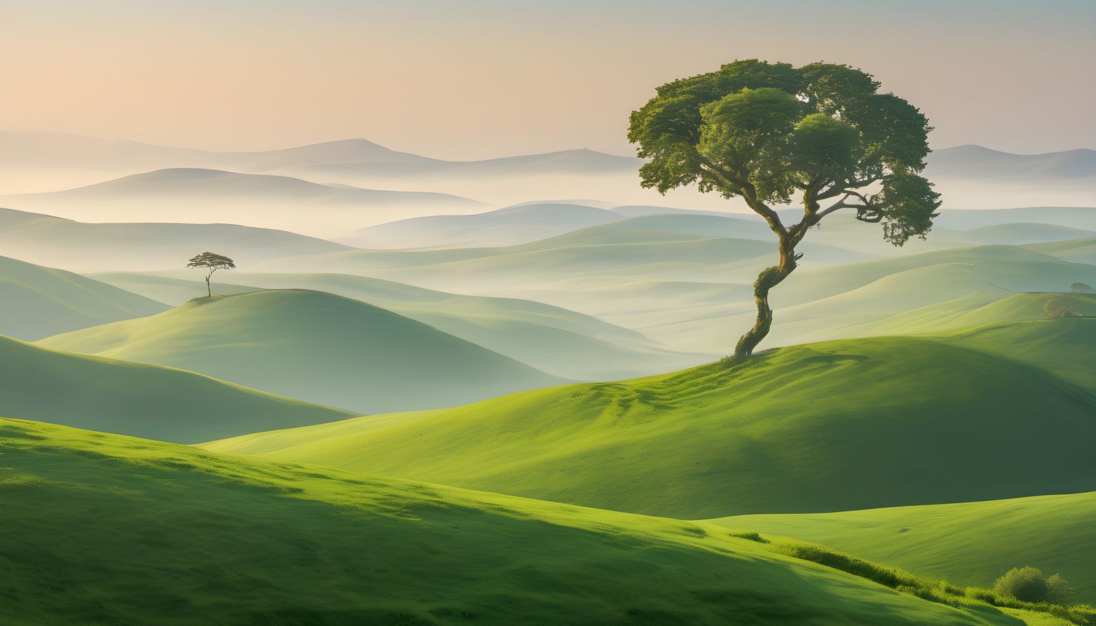 A single tree on rolling green hills with soft mist in the valleys