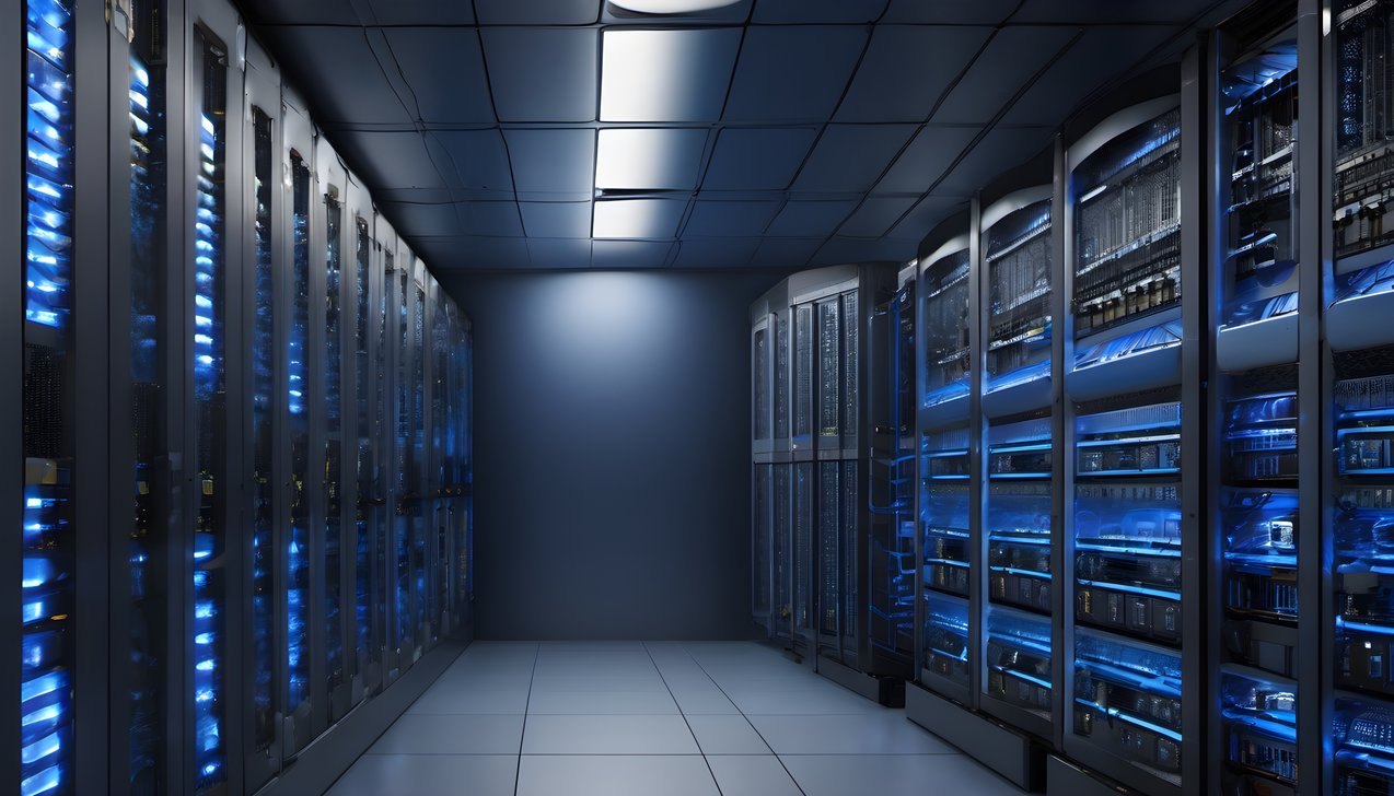 Server aisles glowing blue in a data center in a dark studio