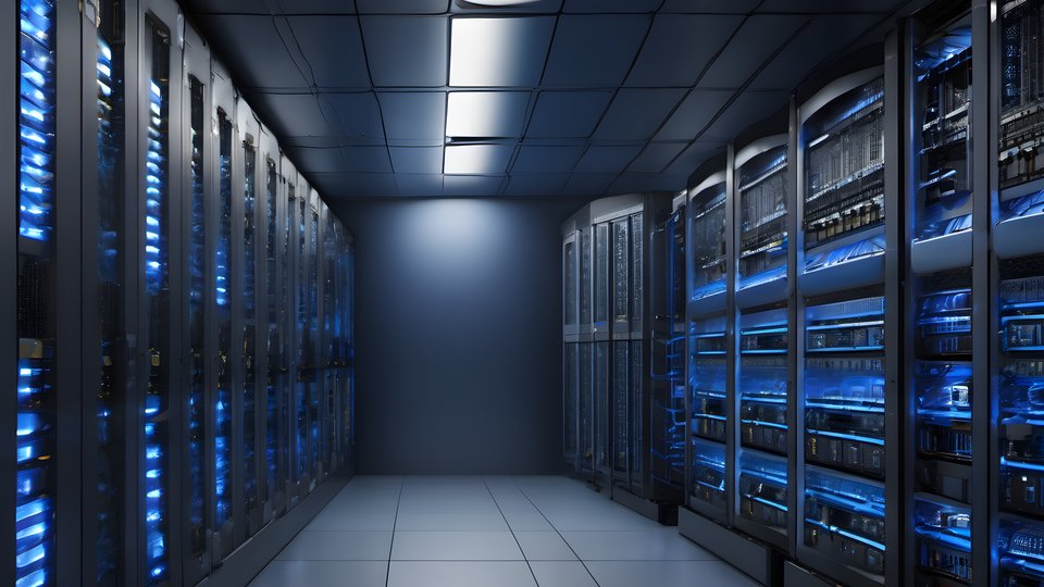 Server aisles glowing blue in a data center in a dark studio