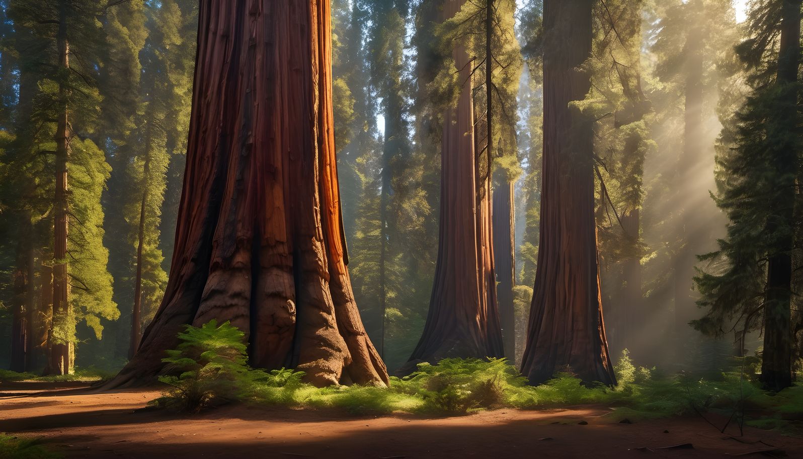 Sunbeams piercing an ancient sequoia grove after rain