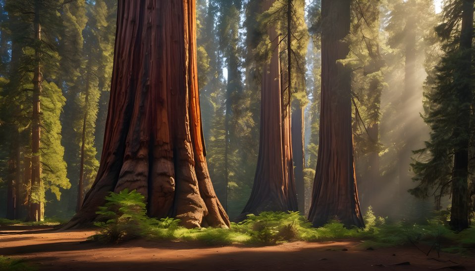 Sunbeams piercing an ancient sequoia grove after rain