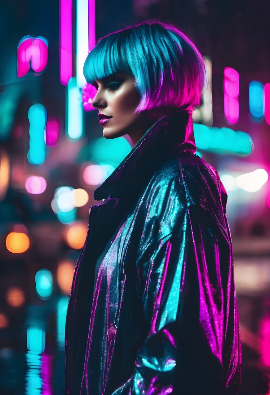 A woman with a cyan bob haircut in neon cyberpunk city lighting at night