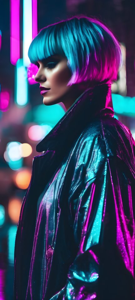 A woman with a cyan bob haircut in neon cyberpunk city lighting at night