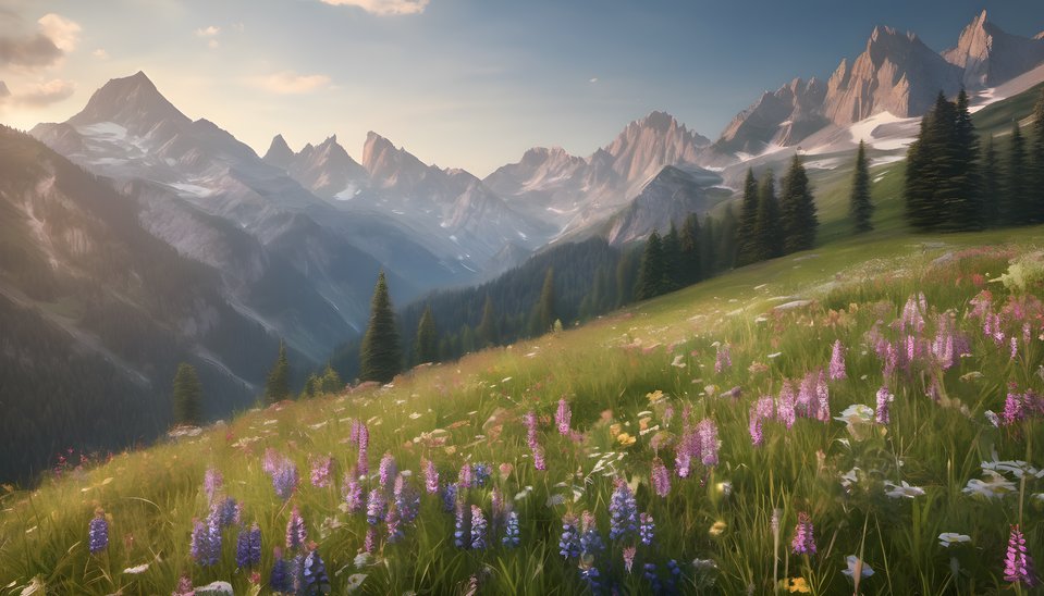Wildflowers scattered across an alpine meadow beneath peaks in soft morning light
